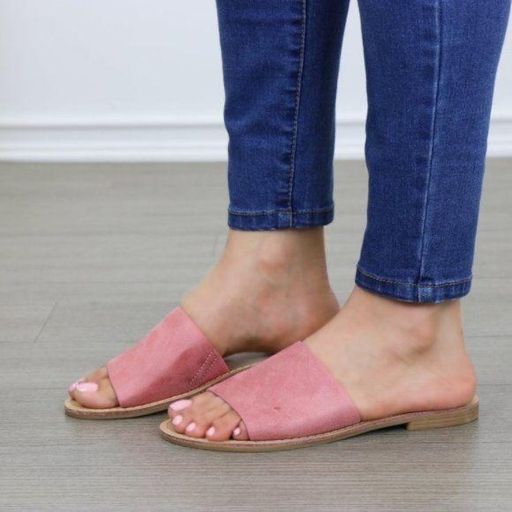 Suede Slip On Slider Pink Flat Sandals - Picture 3 of 7